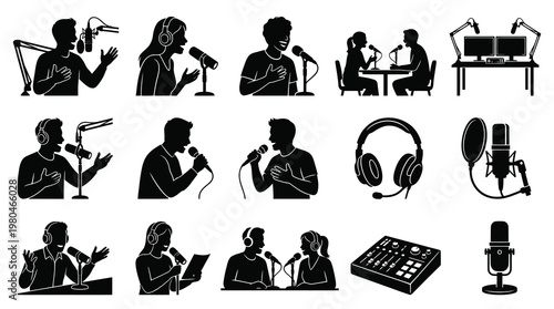 Podcasting and Broadcasting Studio Glyph Vector Icons with Microphones, Headphones, and People