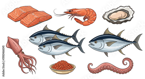 Selection of fresh seafood including tuna fish, salmon fillets, shrimp, squid, octopus tentacle, oyster, and red caviar bowl.