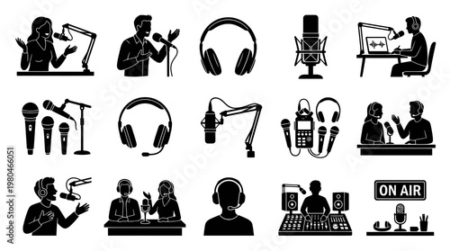 Podcast Icons: People, Microphones, Headphones  Studio Gear - Black  White Glyph