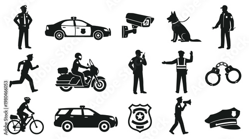 Police Law Enforcement Glyph Icons Set - Officer, Car, Motorcycle, Handcuffs, K9 Dog