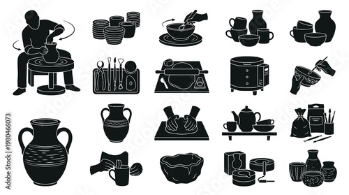 Pottery Craft Icons: Black  White Glyph Art of Ceramics Making