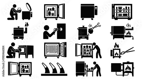 Pottery and Ceramics Kiln Oven Firing Process Glyph Icons Set