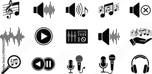 Music audio sound outline icon set featuring speaker waveform microphone headphones player controls and musical notes symbols
