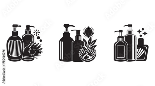 Black and white illustrations of cosmetic bottles and natural elements for skincare and beauty products  handdrawn designs