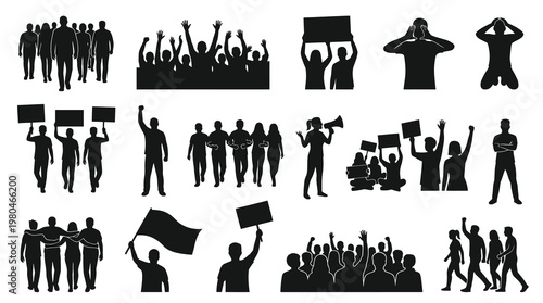 Protest Activism Crowd Silhouette Vector Icons. Social Justice Demonstrators  Human Rights.