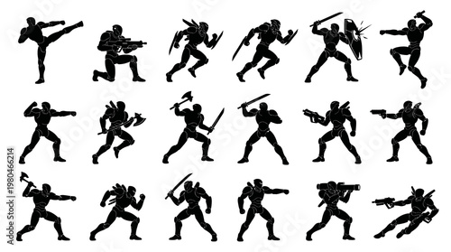 Sci-fi Soldier Silhouettes: Action Poses, Weapons, Futuristic Combat