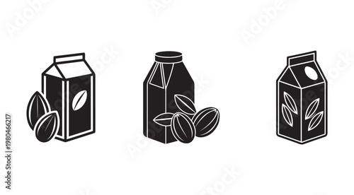 Black and white illustrations of milk cartons and bottles with coffee beans  milk cartons and coffee beans