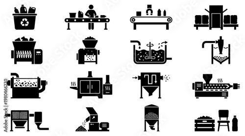 Recycling and Manufacturing Process Machines Solid Glyph Icons Set