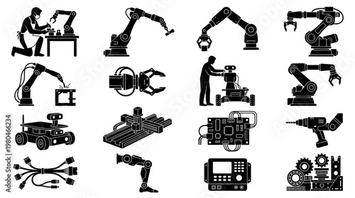 Black and White Icons of Industrial Robots, Automation, and Technology