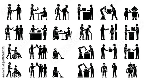 Black and white icons of robots and humans interacting in various scenes