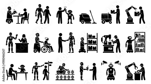 Robot and Human Icons: Technology, Service, Industry, Healthcare, Agriculture