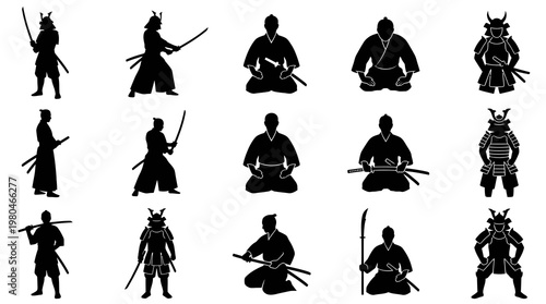 Japanese Samurai Warrior Martial Arts Black Silhouette Glyph Icons Set