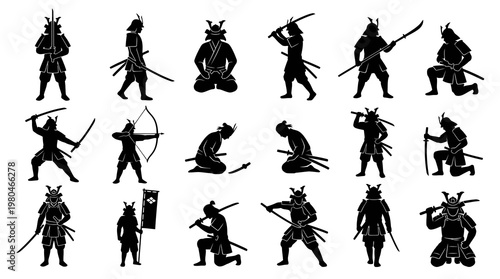 Japanese Samurai Warrior Silhouettes Vector Art Set - Martial Arts  History