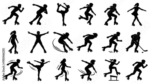 Dynamic Roller Skating and Inline Skaters Black Silhouettes Vector Set for Sports  Recreation