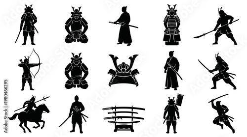 Samurai Glyph Icons Set - Japanese Warrior  Martial Arts Culture Silhouettes