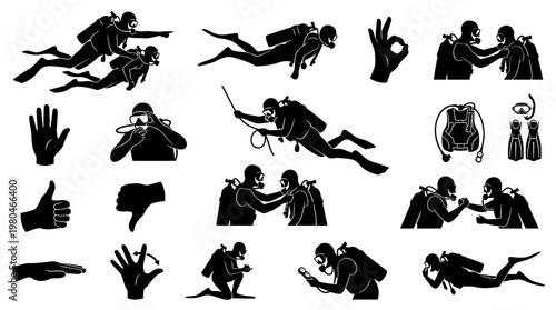 Scuba Diving Icons: Divers, Gear, Gestures, Black and White Vector