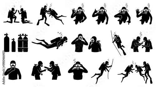 Scuba Divers Icons Set Black White Silhouettes Ocean Underwater Diving