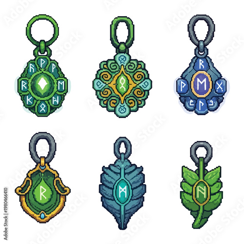A collection of six detailed pixel art fantasy amulets adorned with mystical runes and vibrant gemstones, ideal for role-playing game designs.