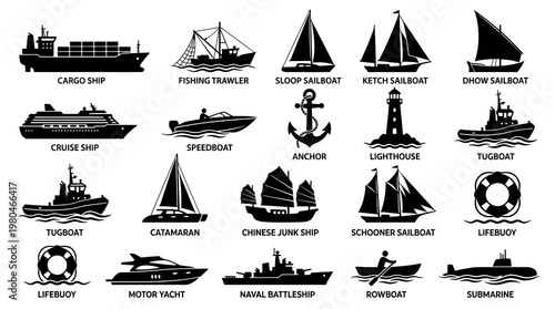 Nautical Marine Vessels and Sea Elements Black and White Silhouette Icon Set