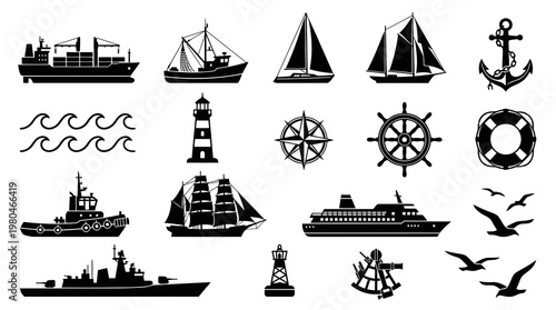 Nautical and Maritime Transport Silhouettes: Ships, Boats, Lighthouse  Sea Icons Set