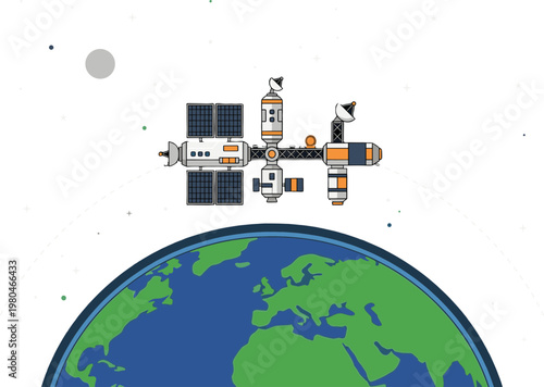 Space station orbits Earth with solar panels in outer space