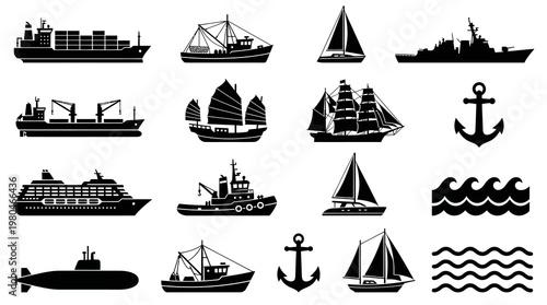 Nautical Marine Shipping Vessels Silhouette Icons Set - Boats, Ships, Submarine, Anchors, Waves Glyph Art