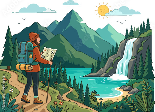 Hiker explores scenic mountain landscape with lake waterfall and trees