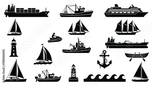 Maritime Transportation Ships, Boats,  Nautical Icons Silhouette Set