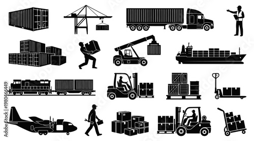 Logistics and Transportation Glyph Icons Set - Shipping, Freight, Cargo, Delivery