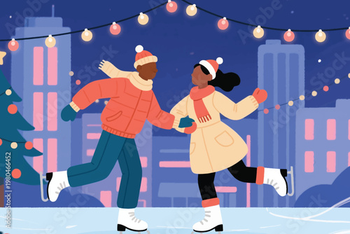 Illustration Of A Happy Couple Ice Skating In A City Park With A Building In The Background Vector Design Template