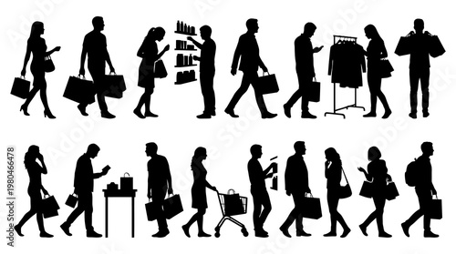 Black Silhouette Shopping People Icons: Retail, Consumerism, Lifestyle Vector
