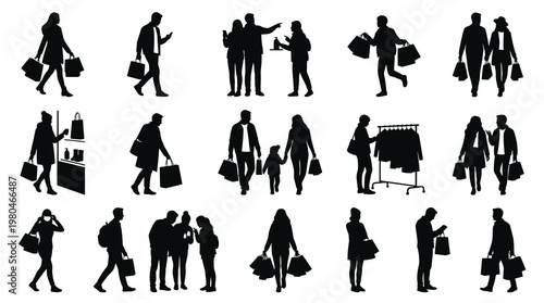 Black and white silhouettes of people shopping with bags