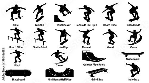 Skateboarding Tricks and Ramps Vector Icons Set - Extreme Sport Skaters Silhouettes