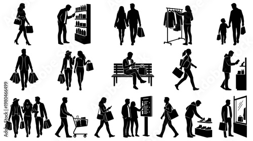 Black and White Silhouettes of People Shopping, Consumerism, Retail Icons