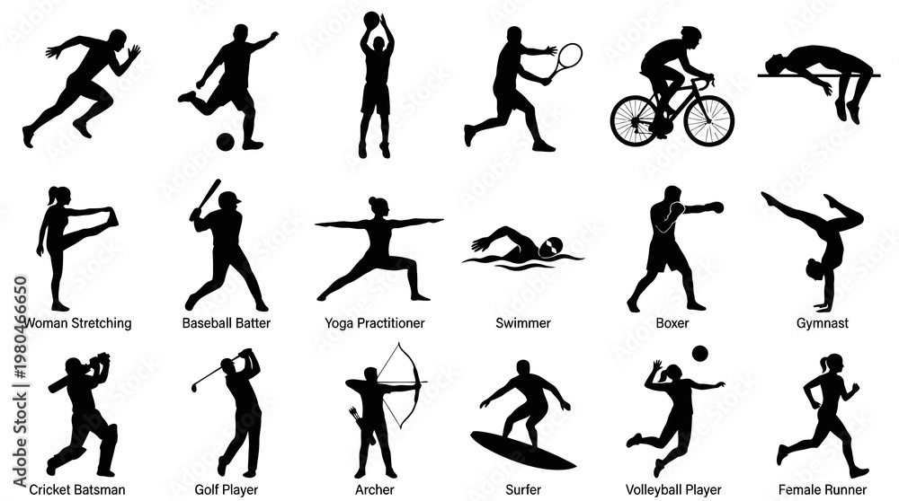 Fototapeta premium Sports Silhouette Icons: Diverse Athletes in Action, Black and White Vector Art