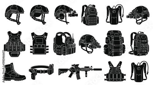 Military Tactical Gear Icons: Army, Police, Special Forces Equipment Silhouettes Vector Set