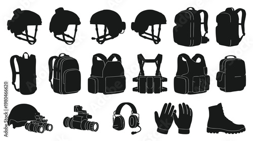 Military Tactical Gear Silhouette Icons Set. Army, Security, Combat Equipment Glyphs