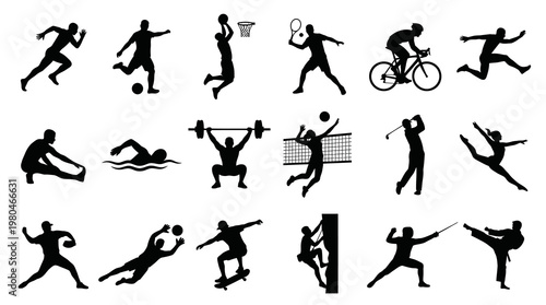 Diverse Sports Silhouettes: Action, Fitness, Competition, Recreation, Health