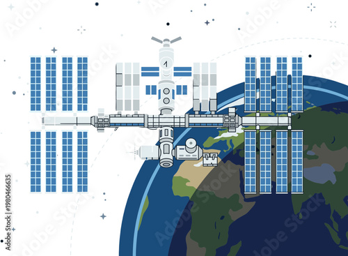View of a modern space station orbiting Earth, featuring complex modules and extensive solar arrays, symbolizing space exploration and scientific advancement