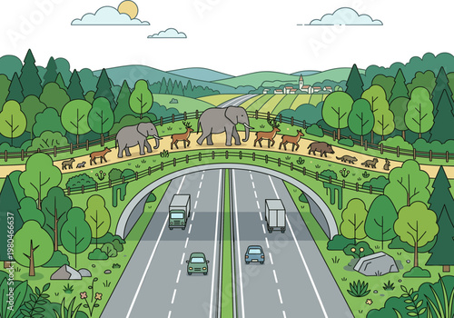 Ecoduct Wildlife Bridge Illustration Over Busy Highway, Providing Safe Passage for Animals, Symbolizing Sustainable Infrastructure and Environmental Conservation