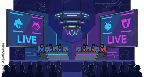 Dynamic scene of a professional esports competition featuring gamers on stage, illuminated screens showing live action and team emblems, set against a futuristic digital backdrop with a cheering crowd