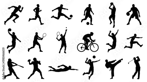 Sports Athletes Silhouettes Vector Set - Black and White Action Poses and Activities