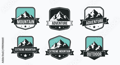 Set of vintage style mountain adventure badges with slogans like extreme mountain and outdoor, featuring snowy peaks.