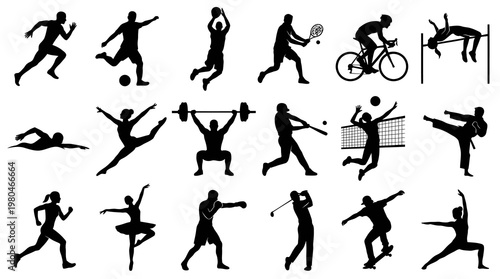 Sports  Fitness Athletes Black Silhouettes Vector Icons Set for Physical Activity