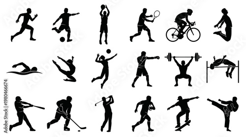 Sports Athletes Silhouettes Vector Icons Set - Black and White Fitness Activity Glyphs