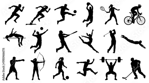 Black  White Silhouette Icons of Various Sports Athletes and Activities