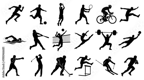 Sports Silhouettes: Athletes in Action - Running, Swimming, Cycling, Weightlifting