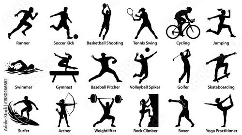 Diverse Sports and Activities Silhouettes - Action Icons in Black and White