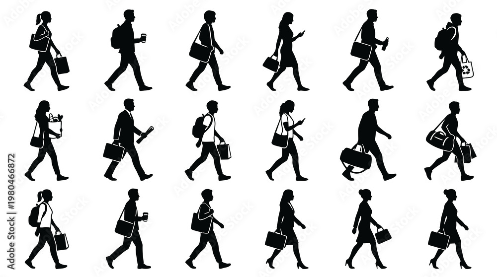 Fototapeta premium Black and White Silhouettes of People Walking with Bags and Briefcases