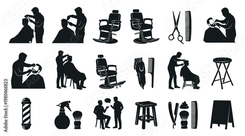 Black and White Barbershop Icons Collection: Hairdressing Tools and Service Silhouettes